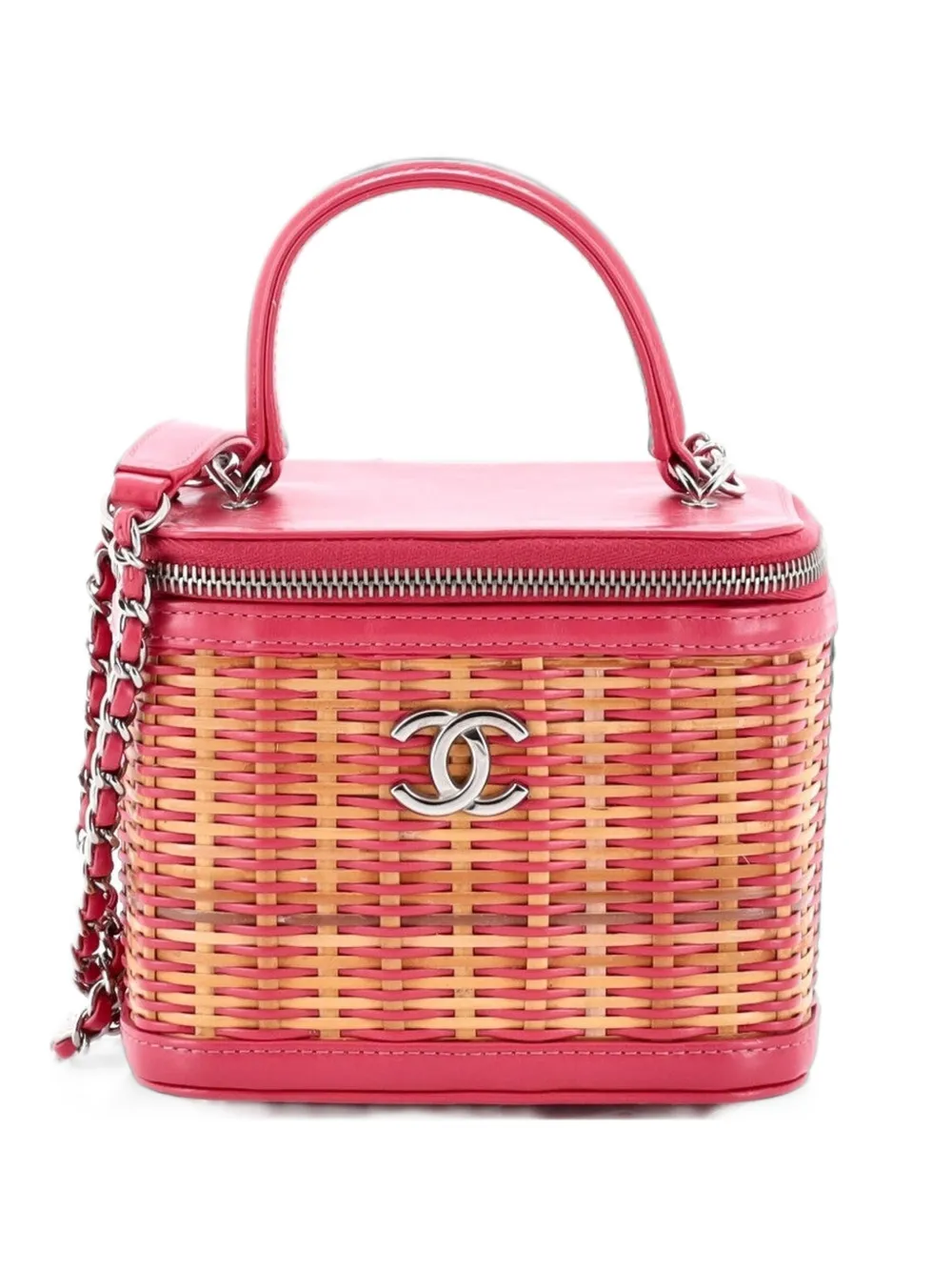 Pre-owned Chanel Take Away Vanity Case Rattan And Calfskin Small Satchel In Neutrals