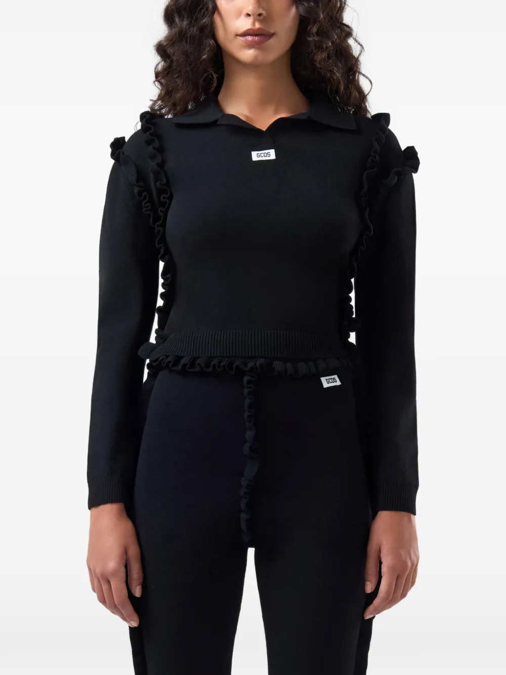 GCDS Medusa ruffled-cropped polo shirt Zwart