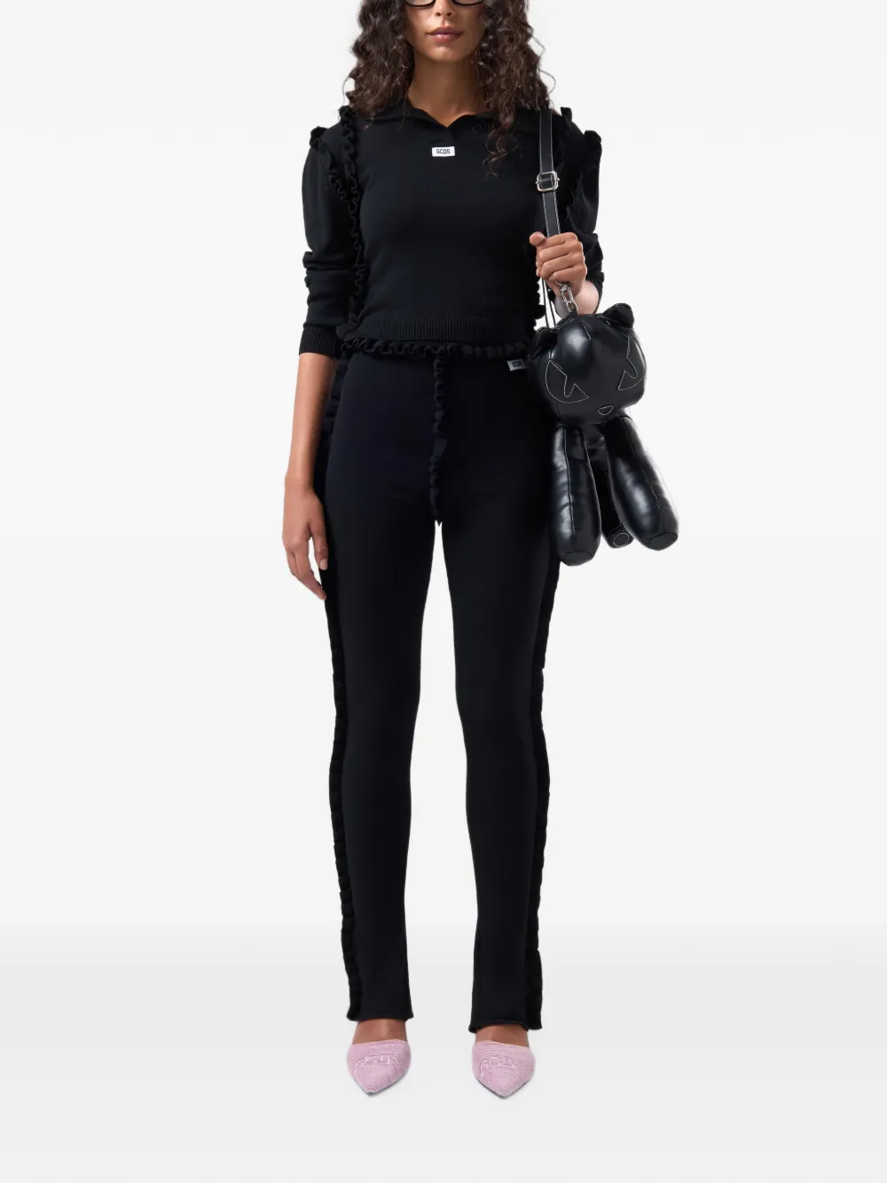 GCDS Medusa ruffled-cropped polo shirt Zwart