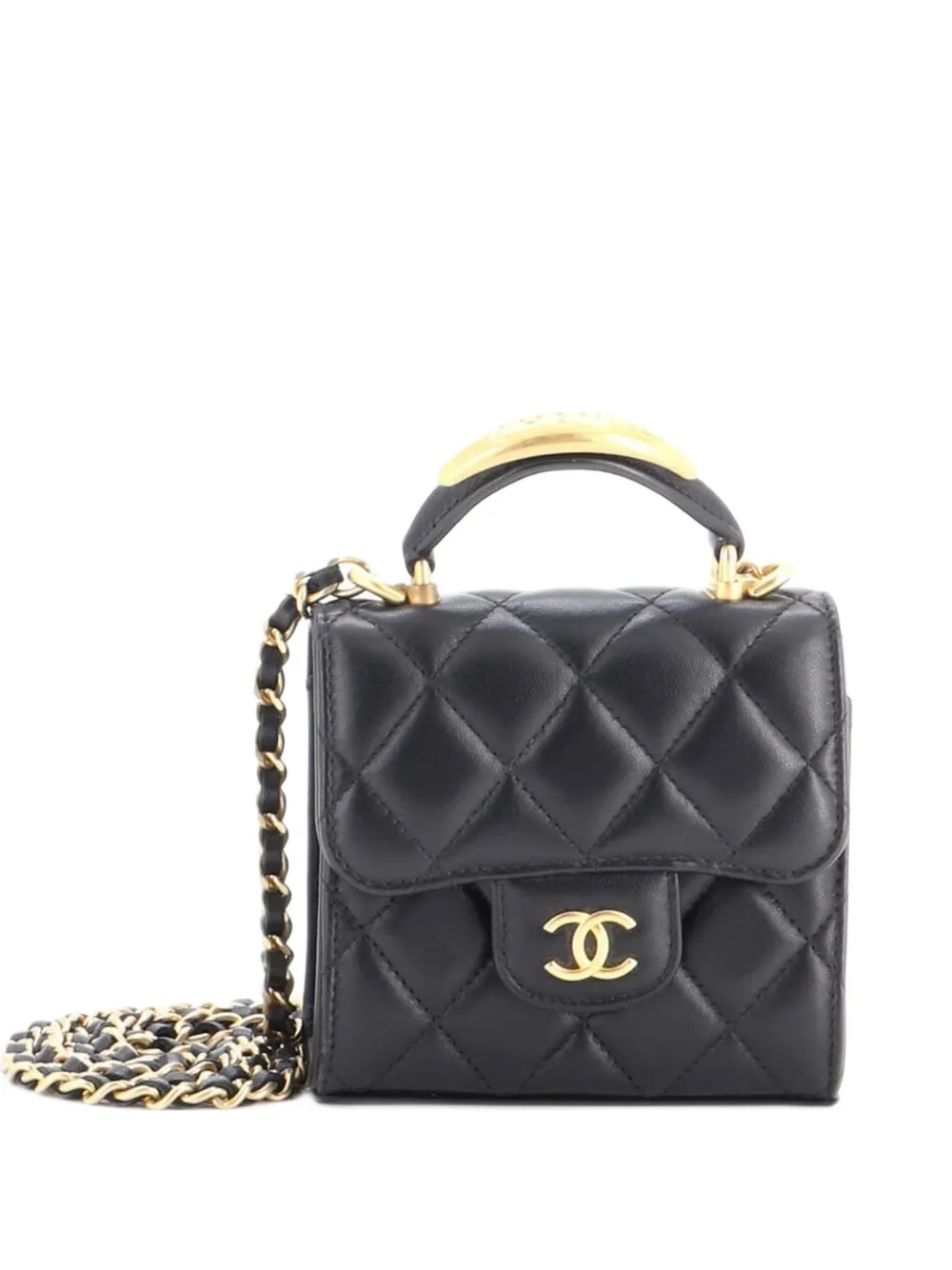 CHANEL Pre-Owned Square Classic Flap Logo Top Handle Clutch with Chain Quilted Lambskin crossbody bag - Black