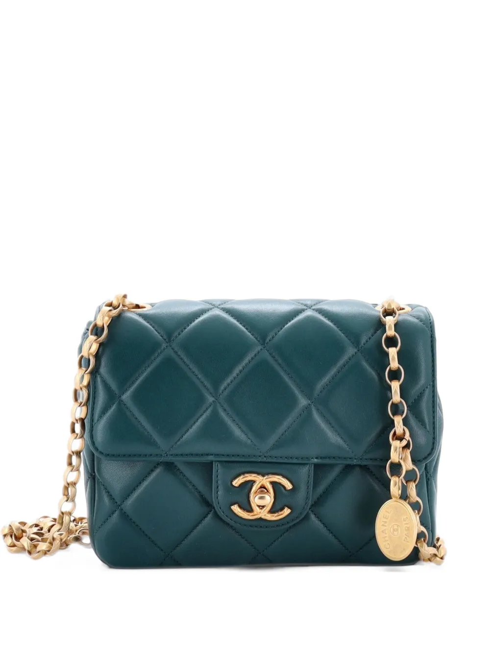 CHANEL Pre-Owned Medallion Chain Flap Bag Quilted Lambskin shoulder bag - Verde