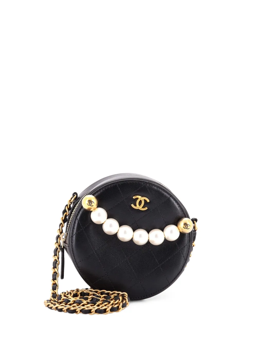 CHANEL Pre-Owned Chic Pearls Round Clutch with Chain Quilted Lambskin crossbody bag - Black
