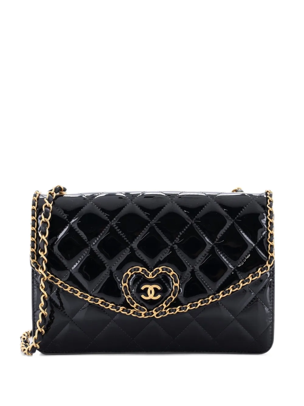 CHANEL Pre-Owned Heart Chain Flap Bag Quilted Patent Small crossbody bag - Black