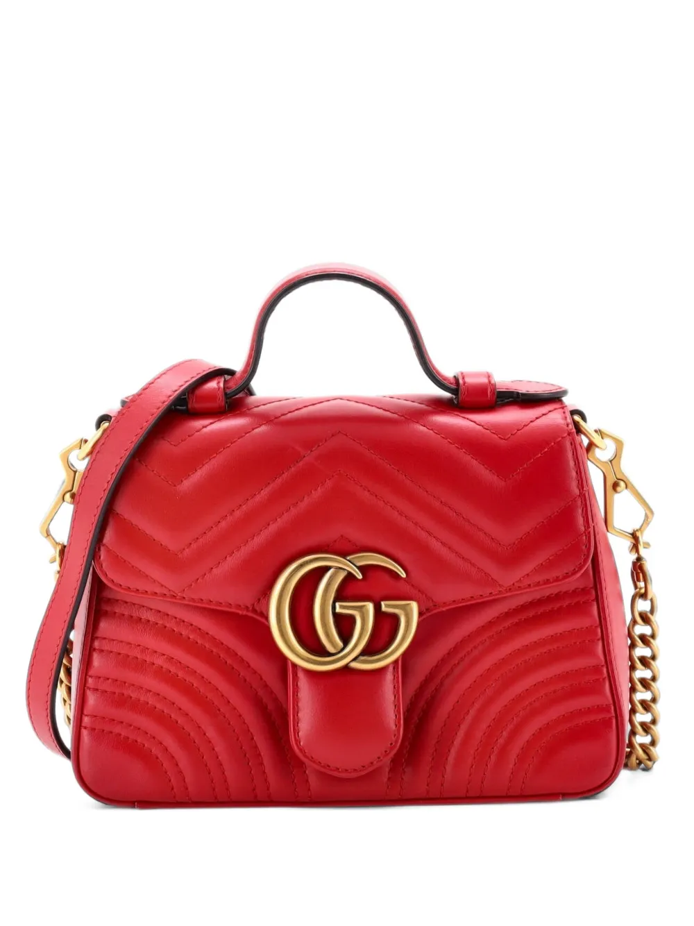 Pre-owned Gucci Gg Marmont Top Handle Flap Bag Matelasse Leather Mini Satchel In Red