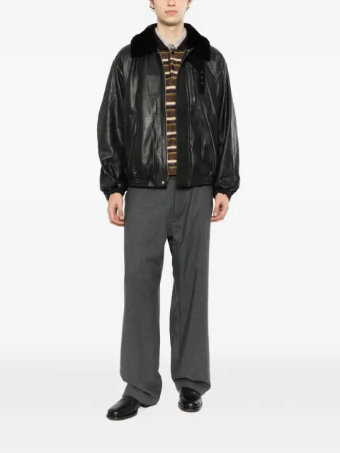 ssstein mouton-collar leather zip jacket