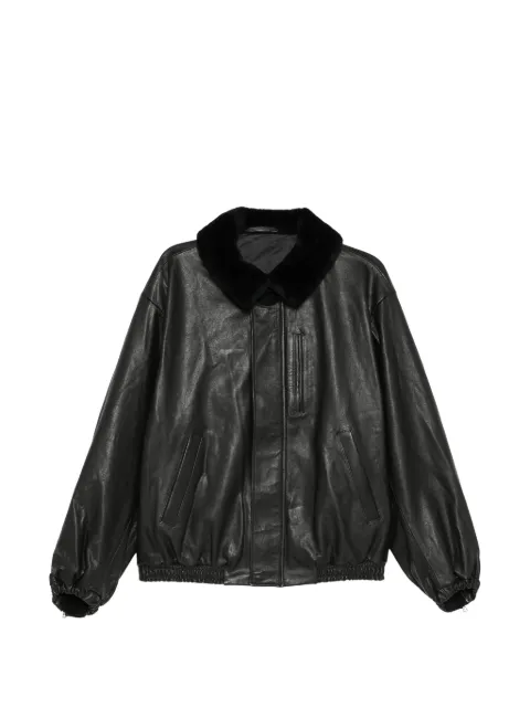 ssstein mouton-collar leather zip jacket