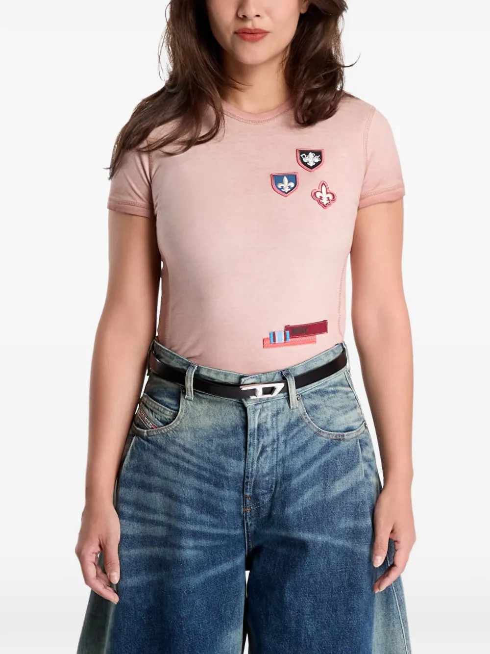 Diesel T-shirt with patches and microwaffle sides - Rosa