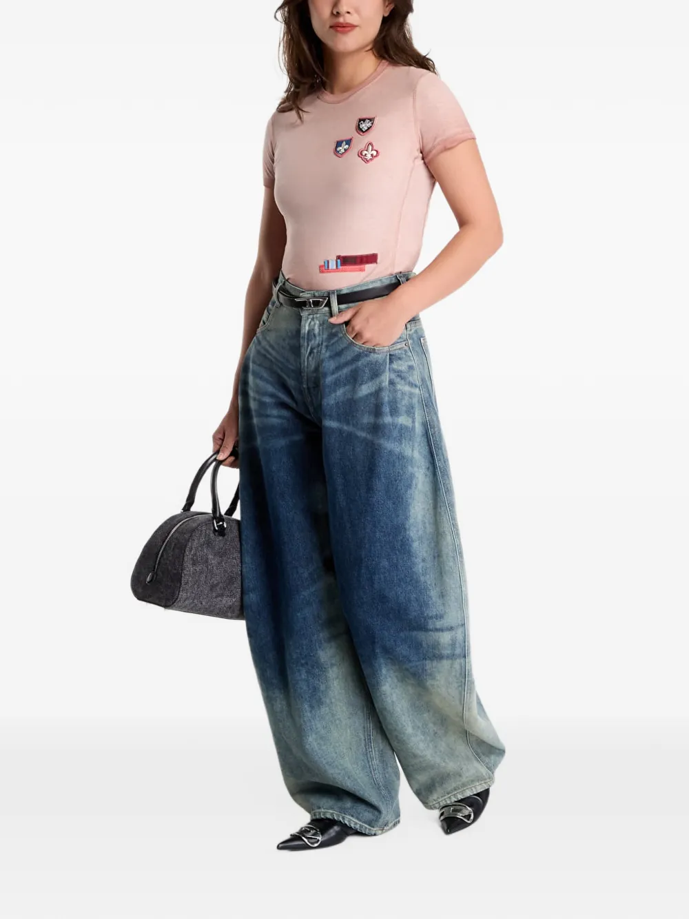 Diesel T-shirt met patches en microwafelzijkanten Roze