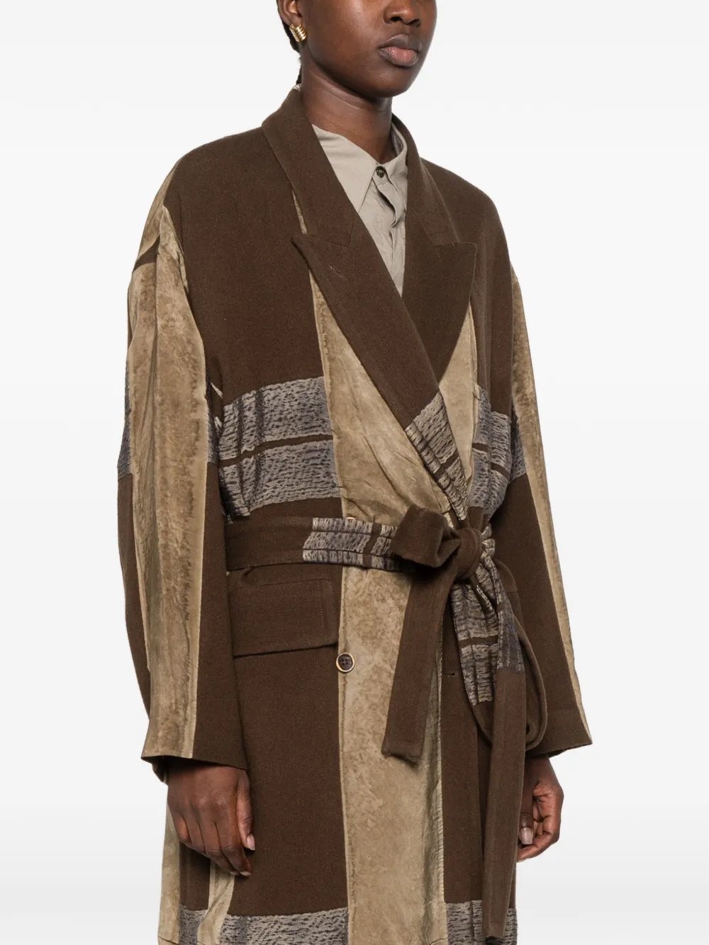 Uma Wang jacquard-panelled belted coat Bruin