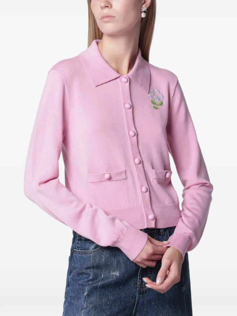 Self-Portrait pink flower embroidered knit cardigan - Rose