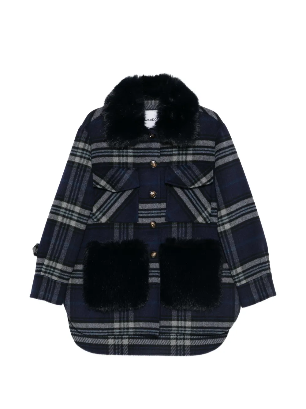 Ava Adore check-pattern faux-fur-trim coat - Bleu