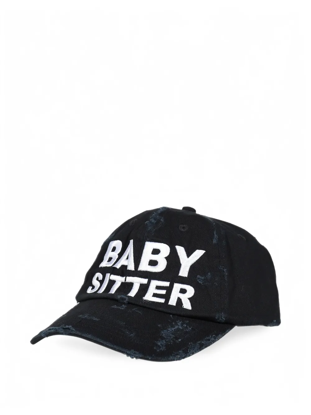 Natasha Zinko Baby Sitter distressed slogan-embroidered cap Zwart