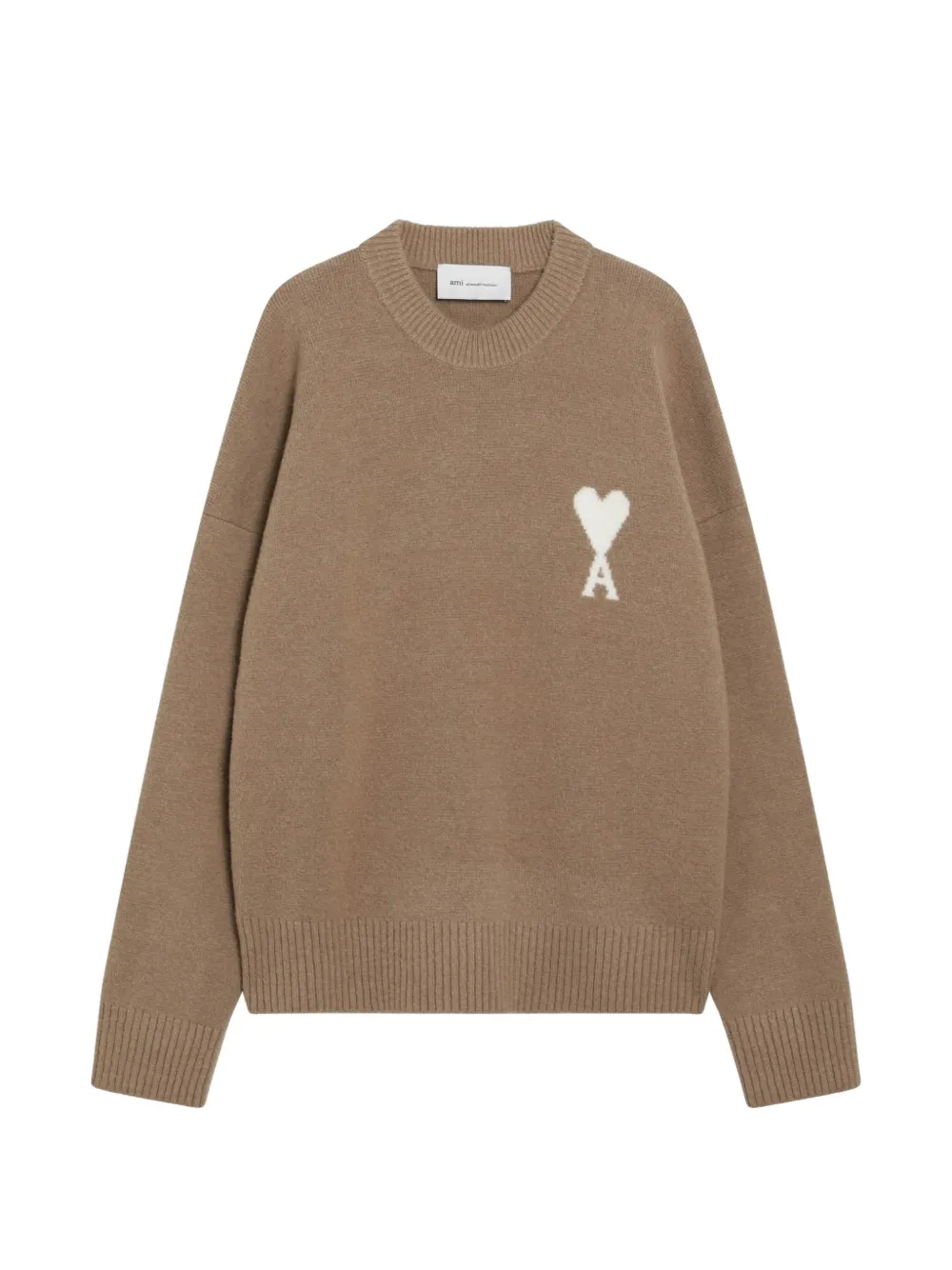 AMI Paris beige crewneck alpaca sweater with Ami de Coeur - Marron