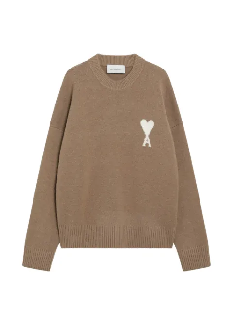 AMI Paris beige crewneck alpaca sweater with Ami de Coeur