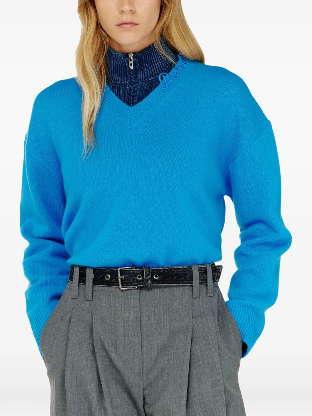 Diesel Wollen trui met V-hals en logo Blauw