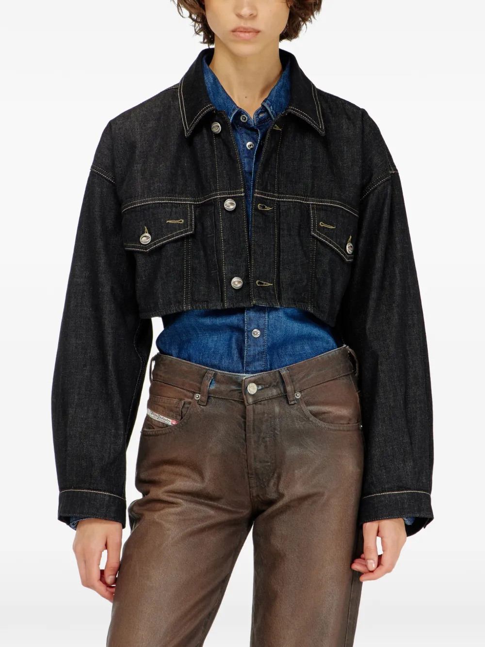 Diesel oversized cropped trucker jacket in rinse-denim Zwart
