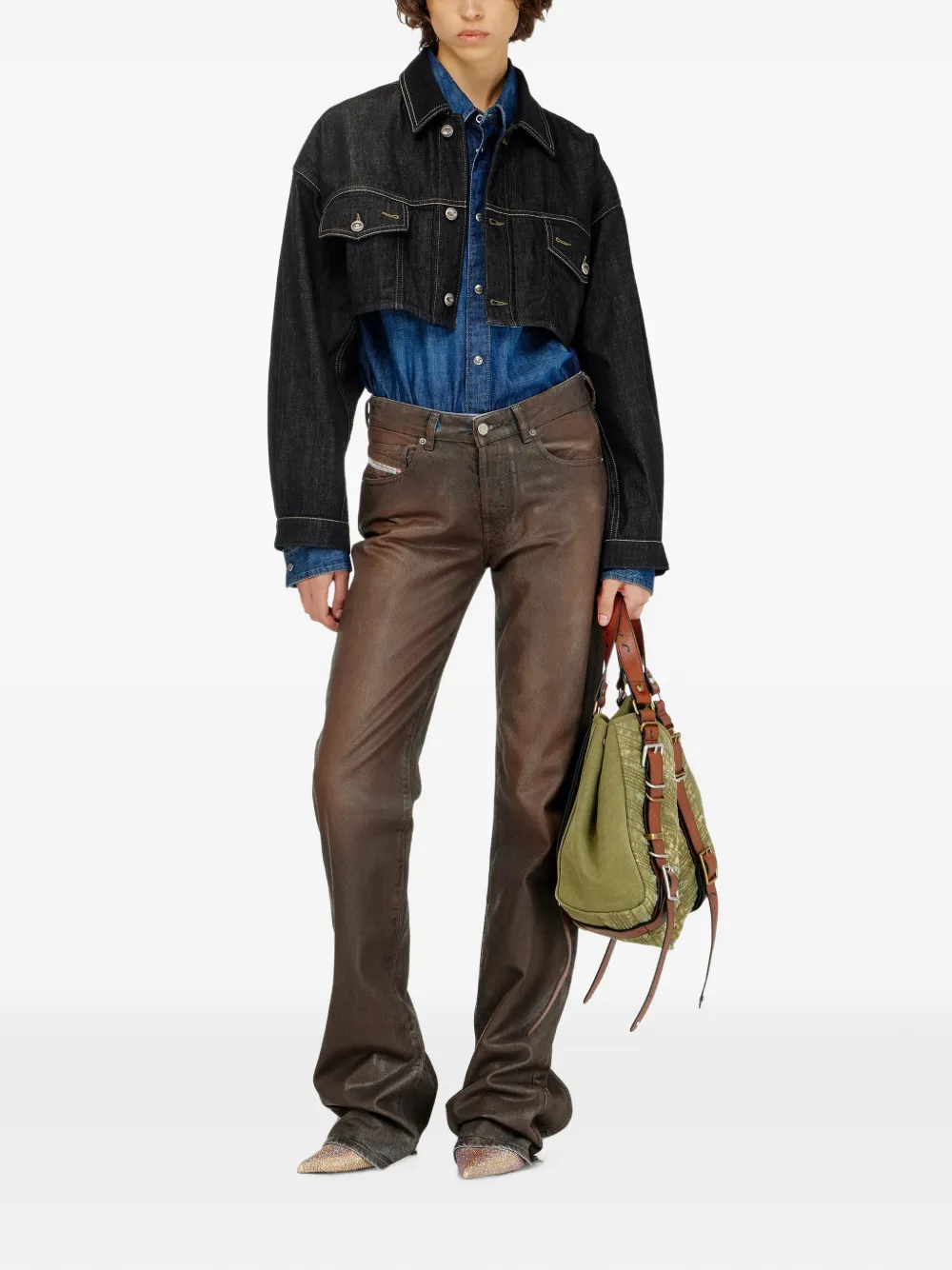 Diesel oversized cropped trucker jacket in rinse-denim Zwart