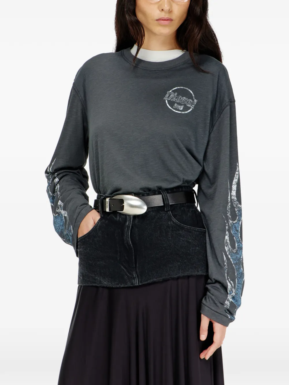 Diesel long-sleeve T-shirt in slub jersey with crack print Grijs