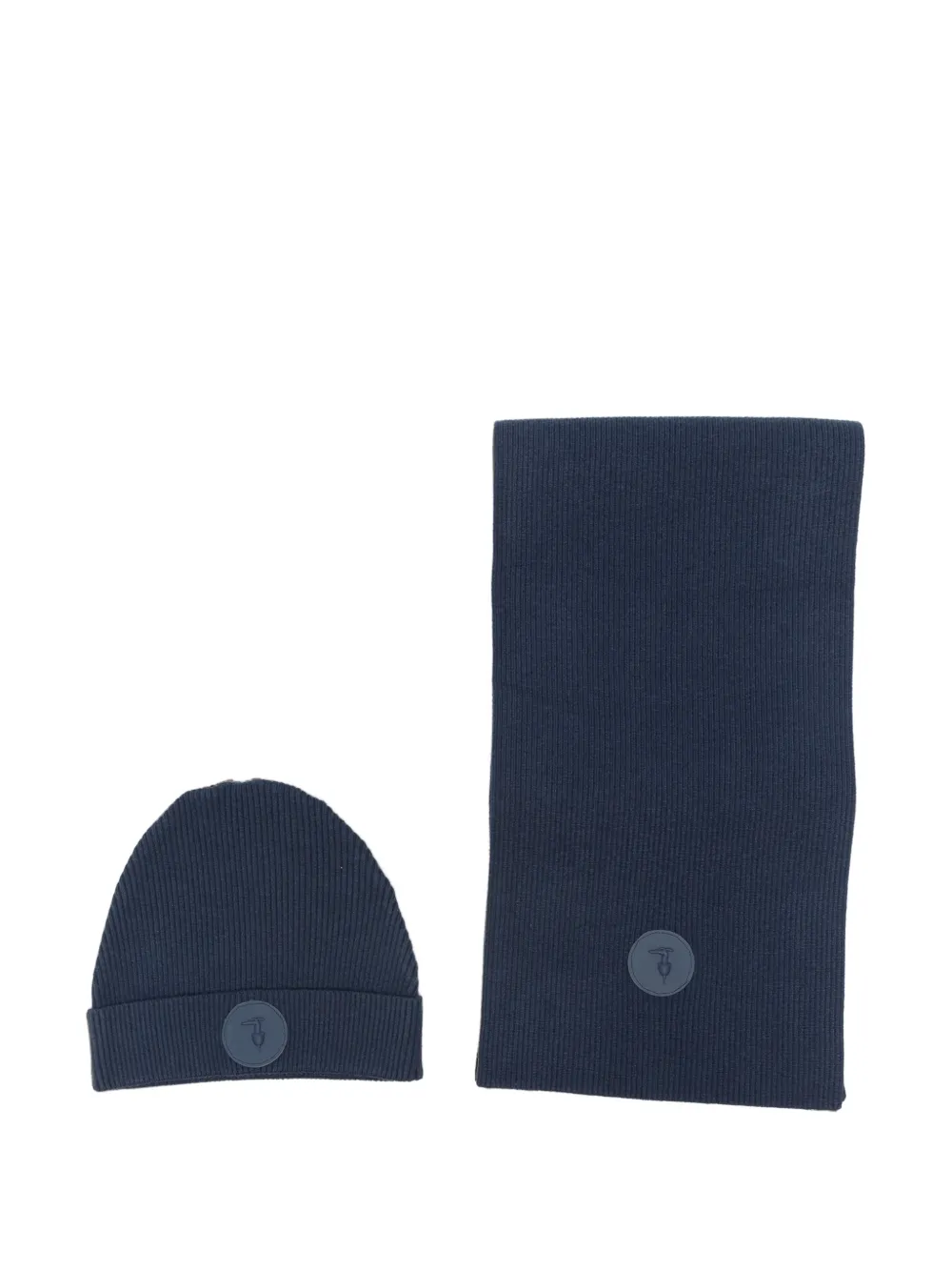 TRUSSARDI JUNIOR ribbed-knit logo-patch scarf and beanie hat Blauw