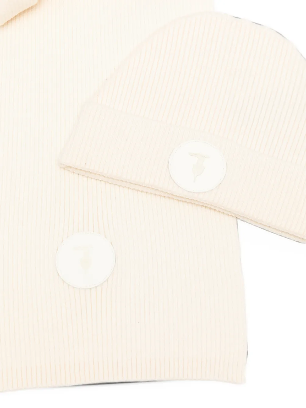TRUSSARDI JUNIOR ribbed-knit logo-patch scarf and beanie hat set Beige