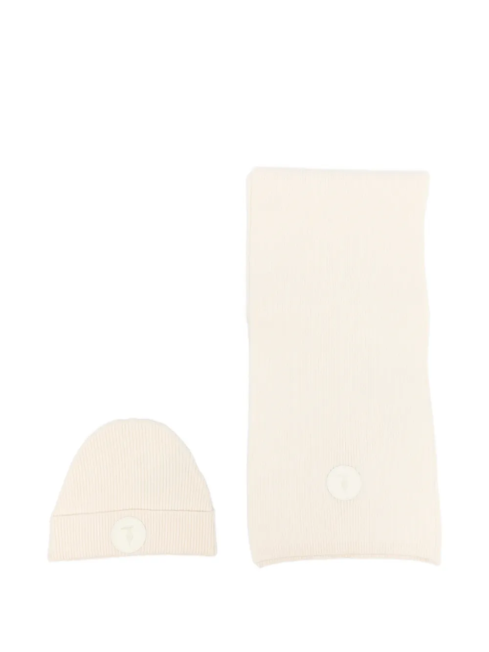 TRUSSARDI JUNIOR ribbed-knit logo-patch scarf and beanie hat set Beige