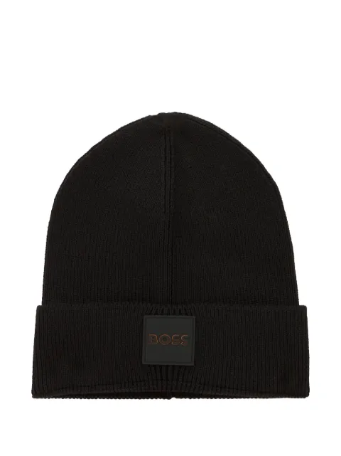 BOSS logo-patch ribbed-knit beanie hat
