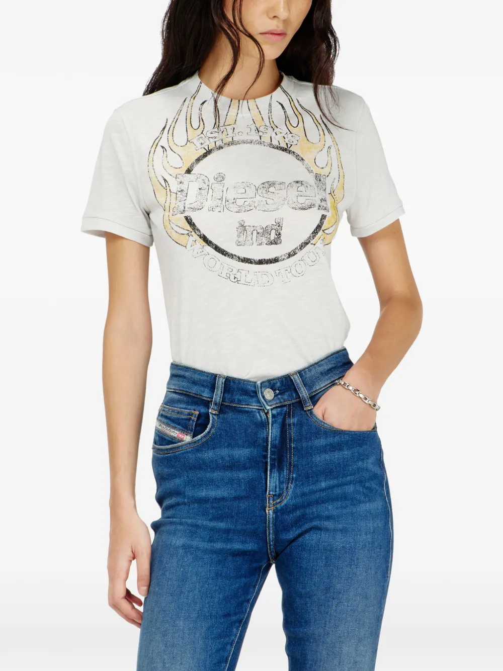 Diesel T-shirt van slub jersey met gebarsten print Beige