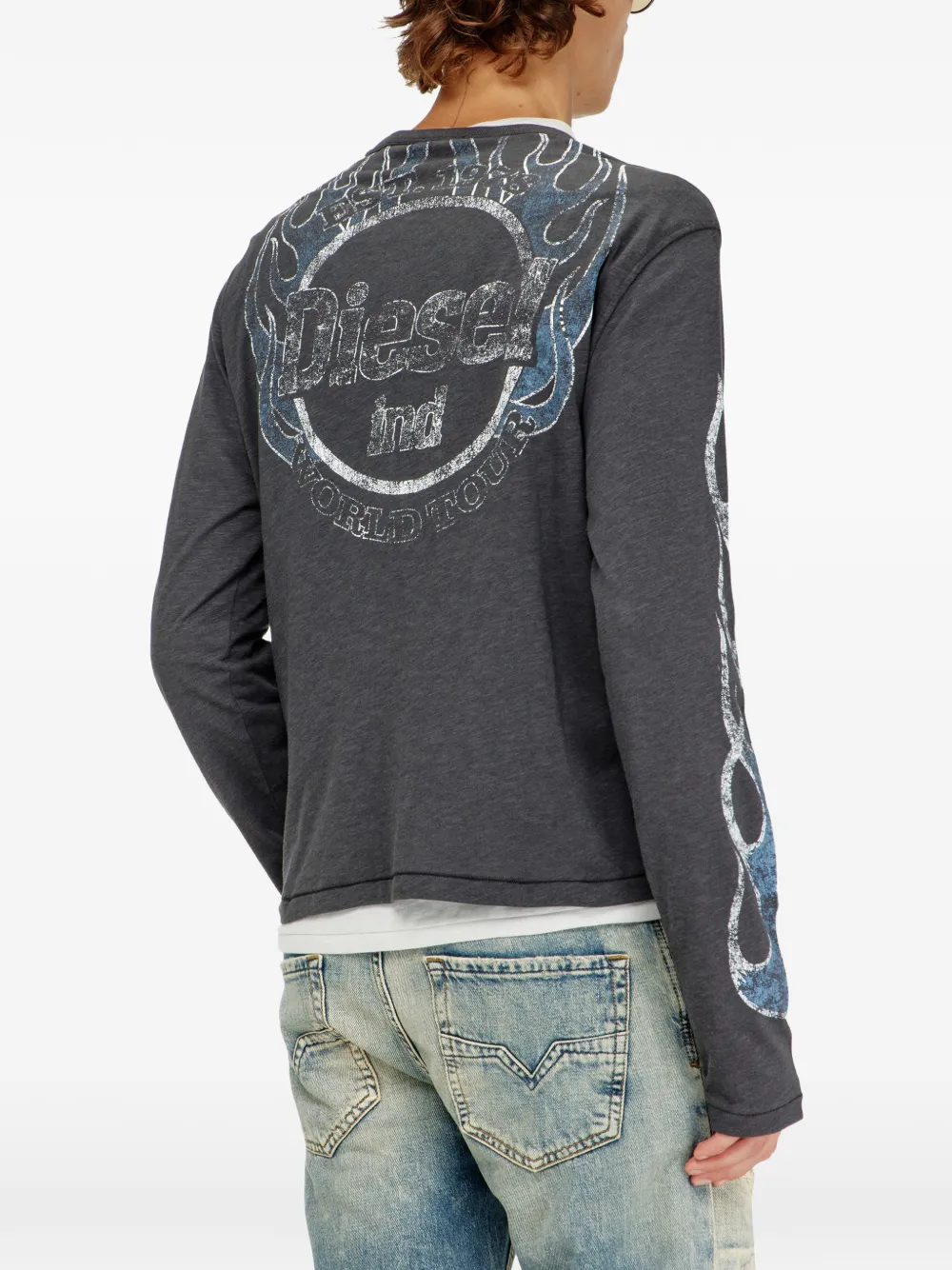 Diesel T-shirt van slub jersey met barsten-print en lange mouwen Grijs