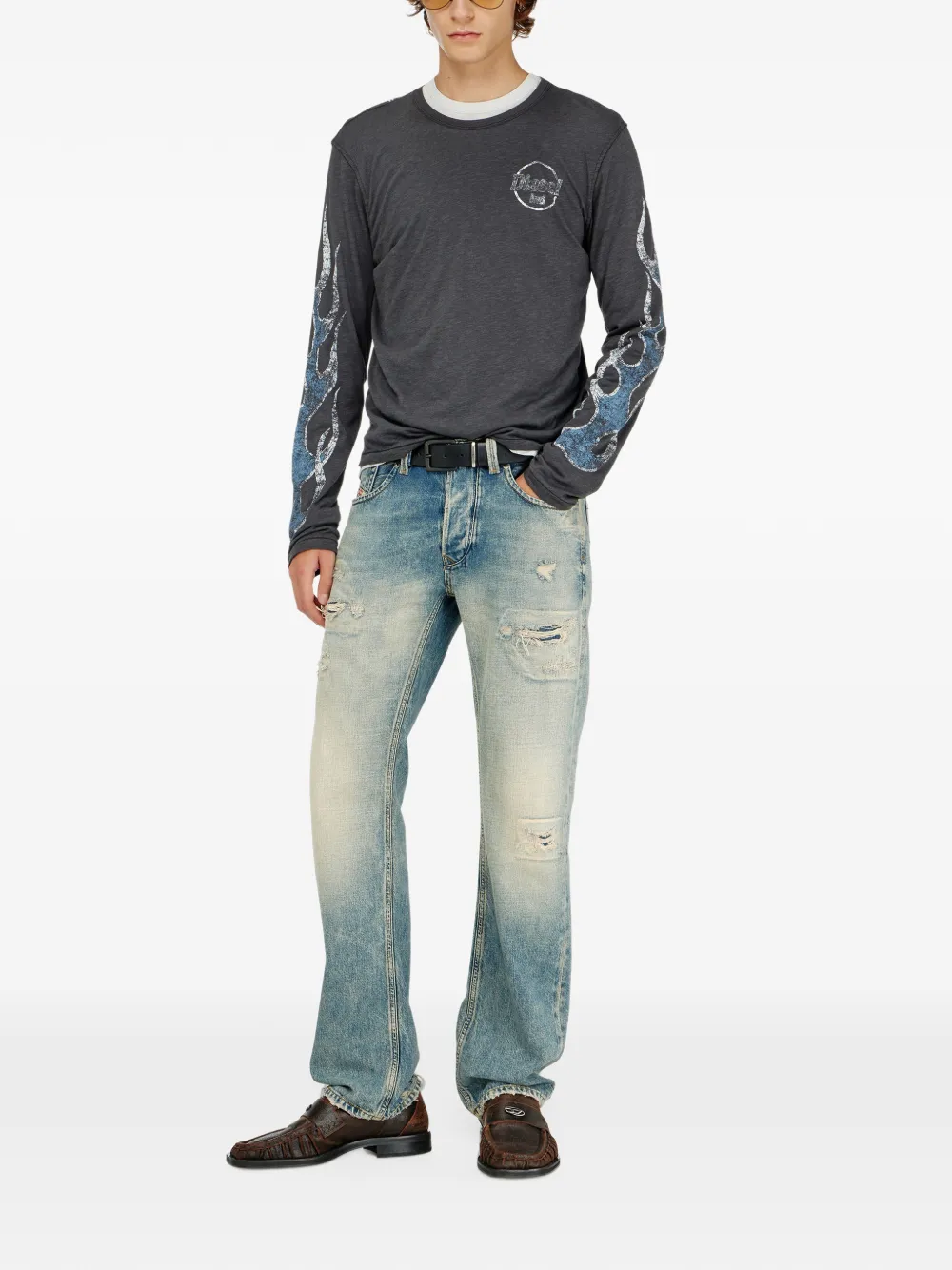 Diesel T-shirt van slub jersey met barsten-print en lange mouwen Grijs