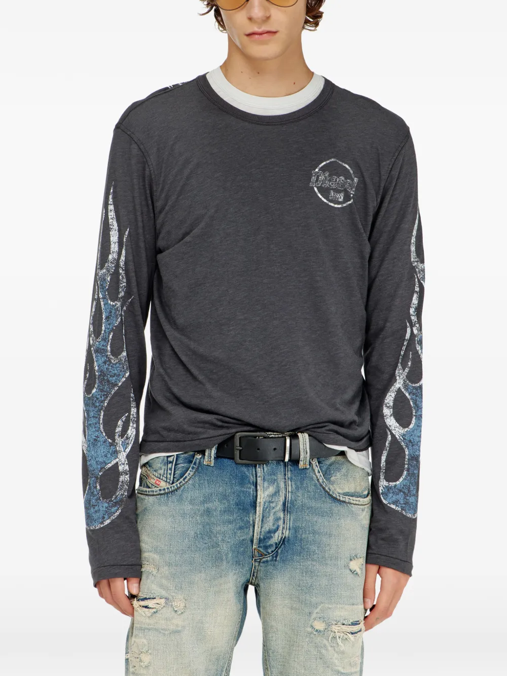 Diesel T-shirt van slub jersey met barsten-print en lange mouwen Grijs