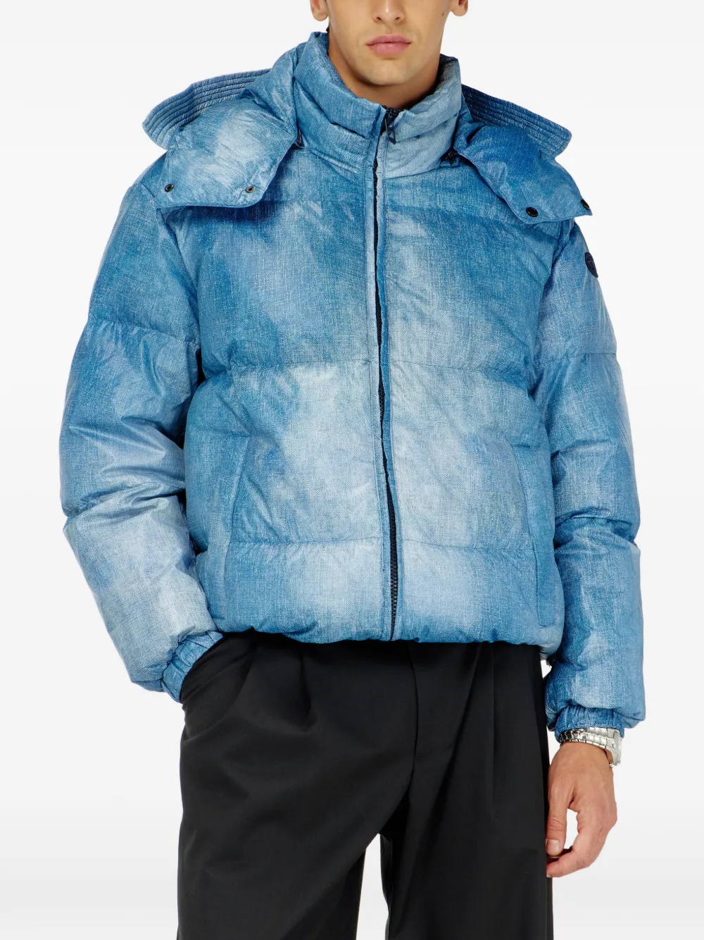 Diesel hooded down jacket with denim-effect print Blauw