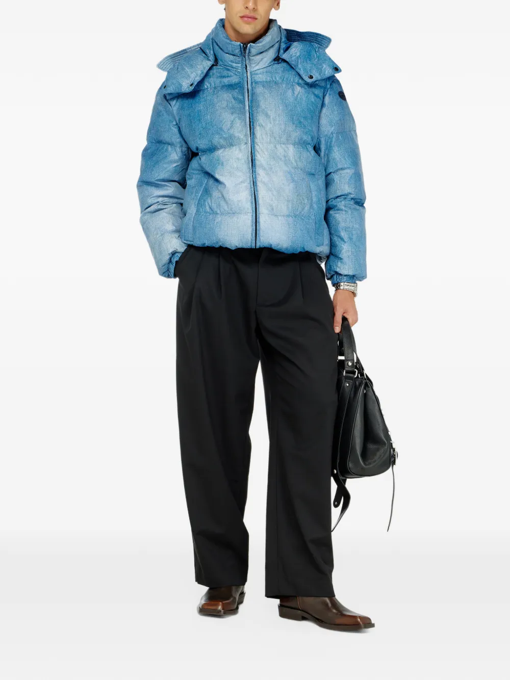 Diesel hooded down jacket with denim-effect print Blauw