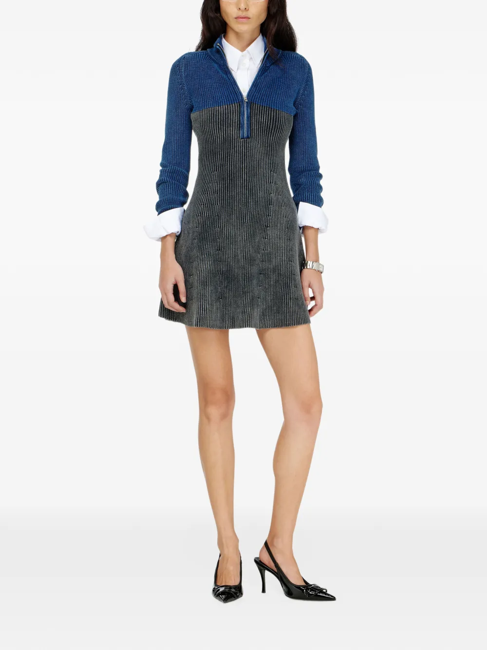 Diesel Ribgebreide mini-jurk met tweekleurig denim-effect Grijs