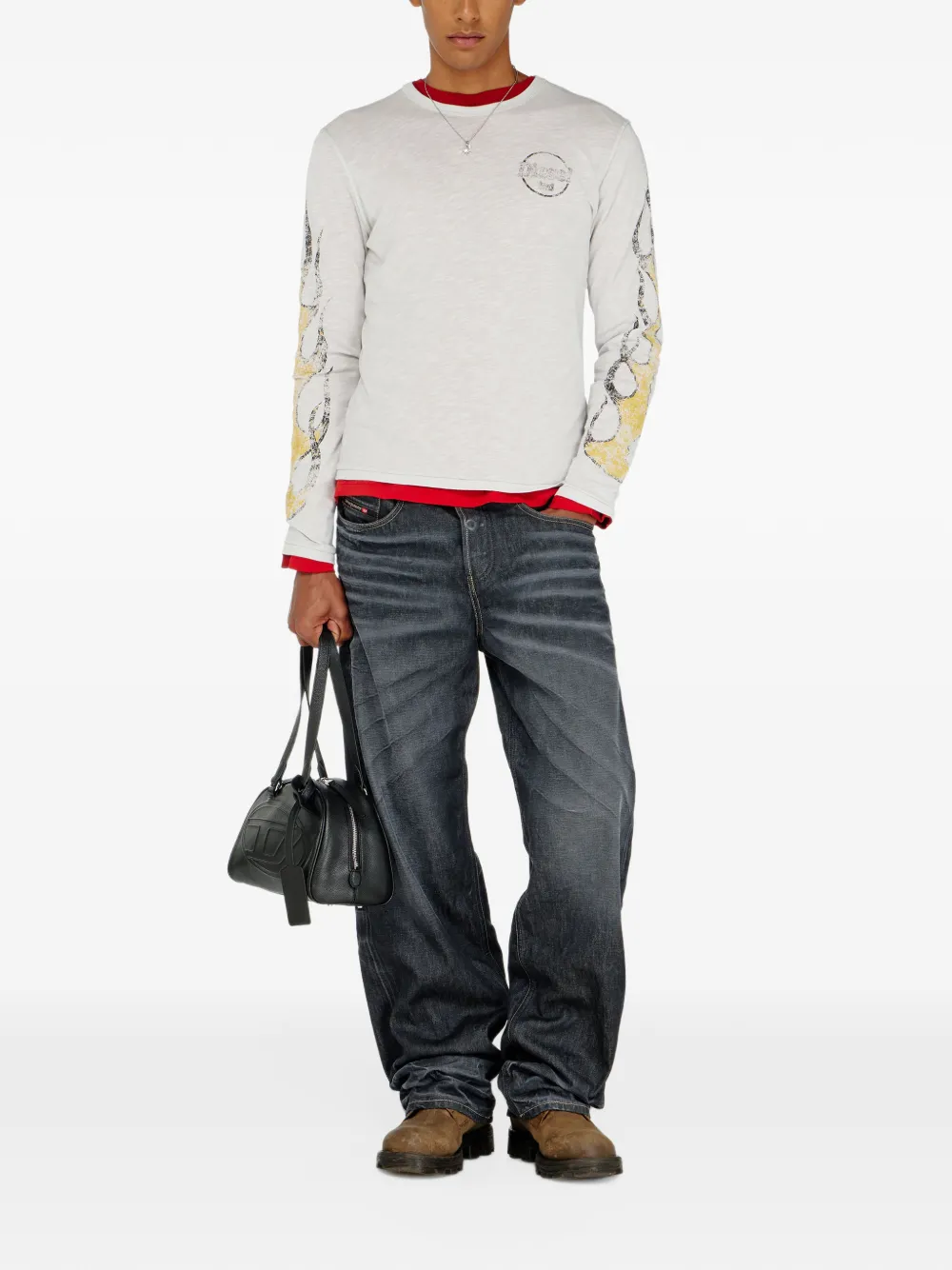 Diesel T-shirt van slub jersey met barsten-print en lange mouwen Wit