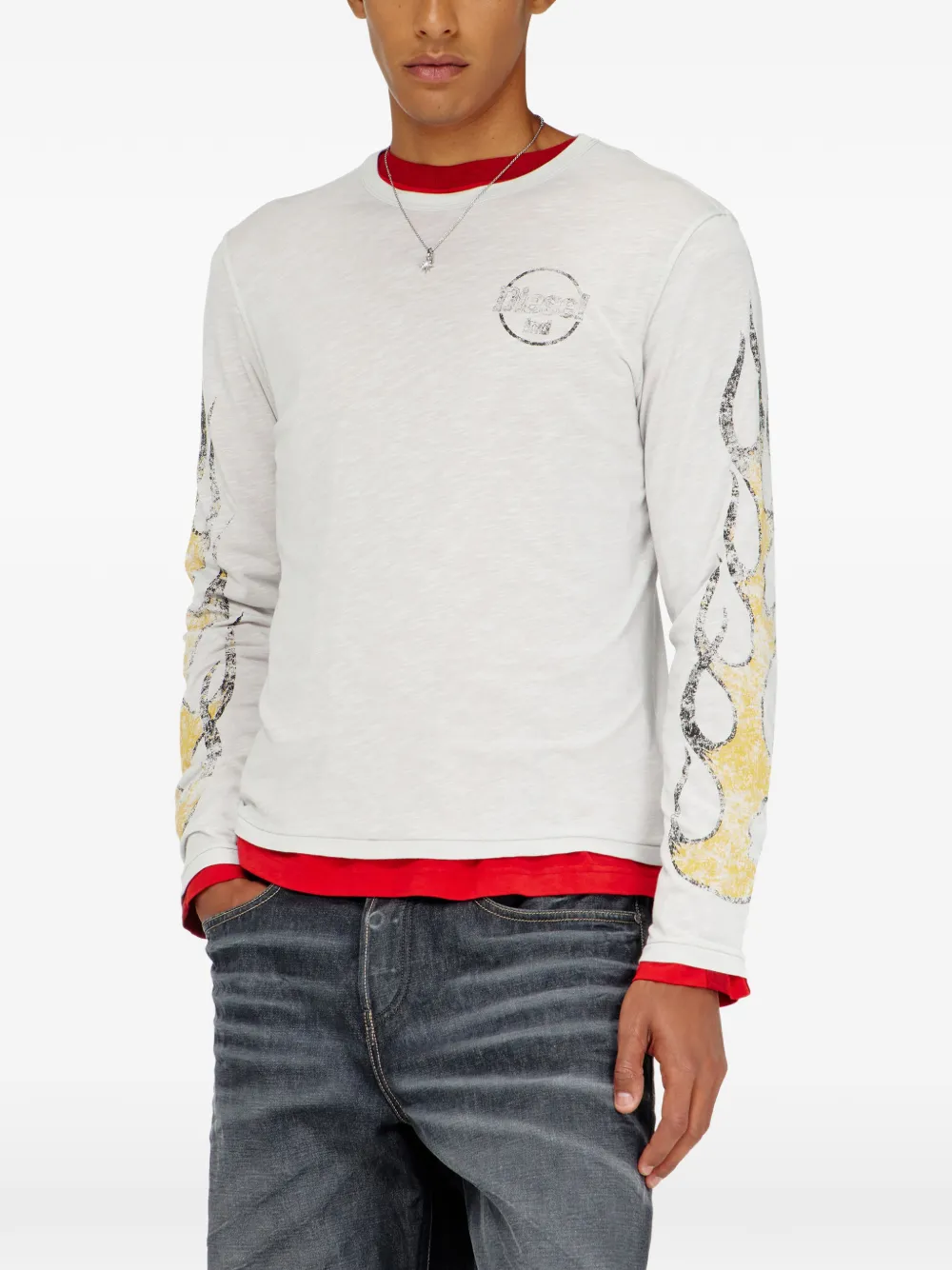Diesel T-shirt van slub jersey met barsten-print en lange mouwen Wit