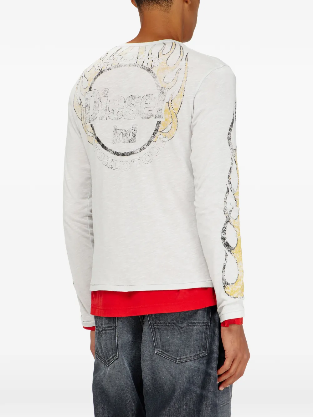 Diesel T-shirt van slub jersey met barsten-print en lange mouwen Wit