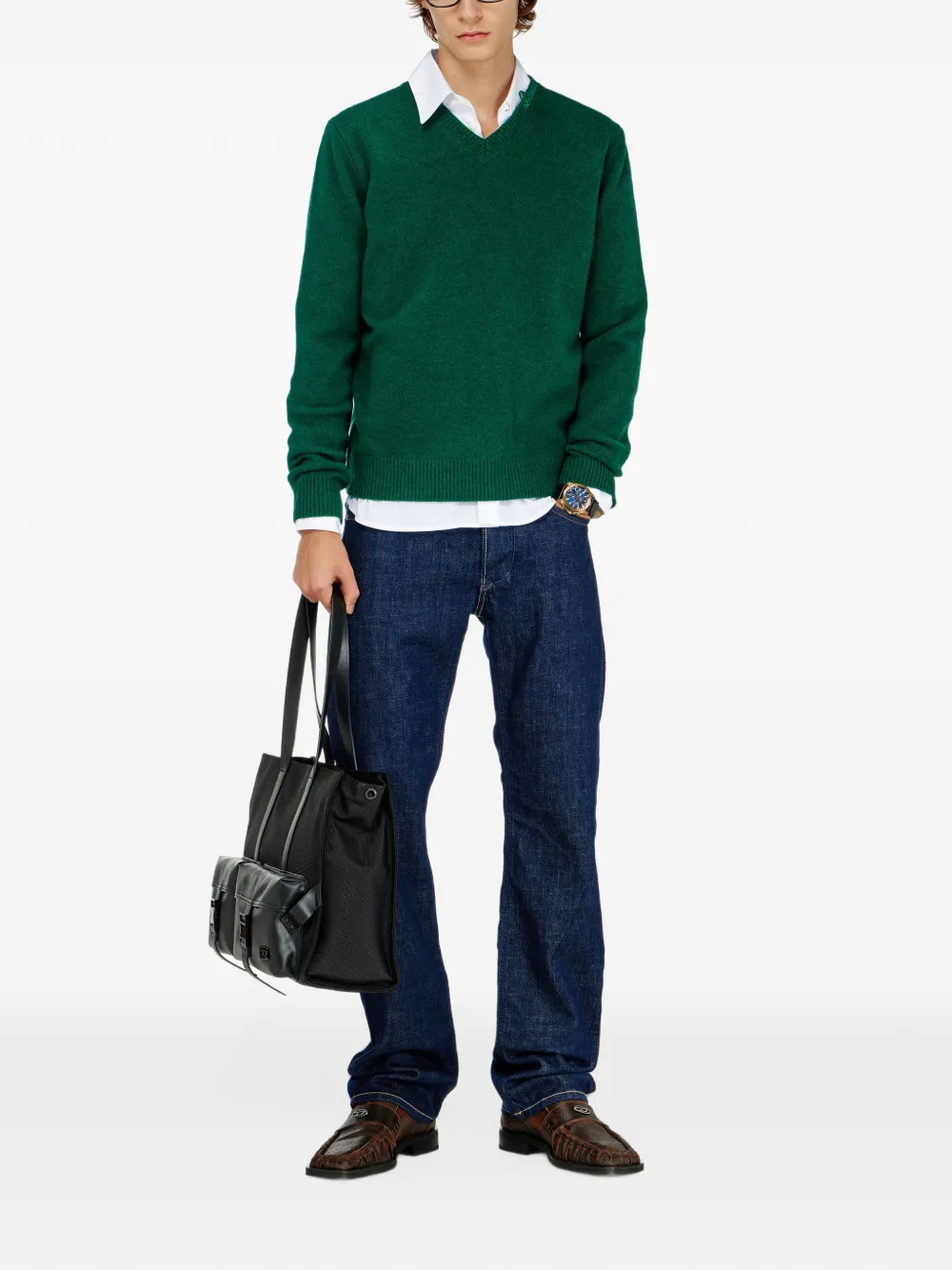 Diesel wool V-neck jumper with neck logo Groen