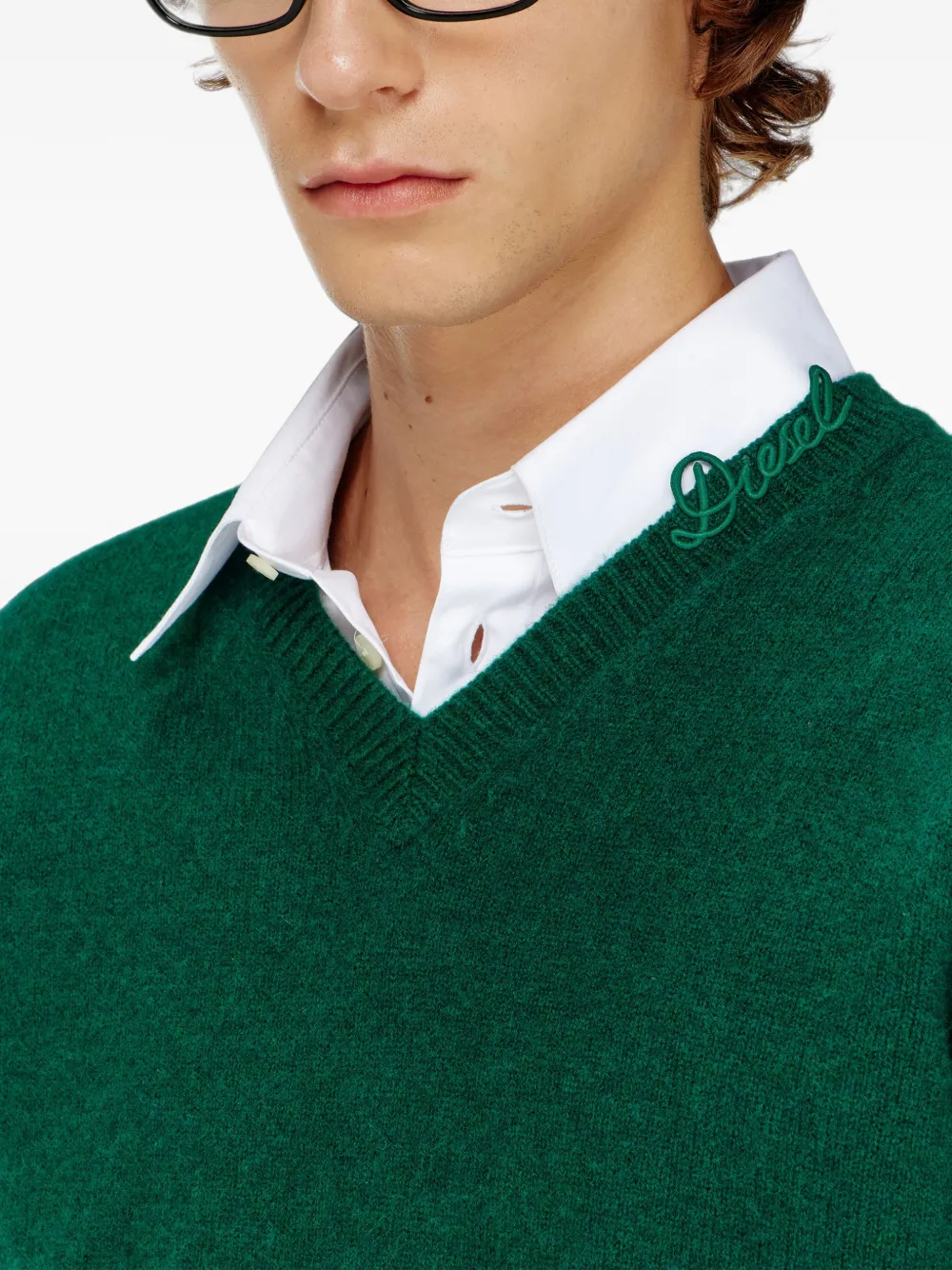 Diesel wool V-neck jumper with neck logo Groen