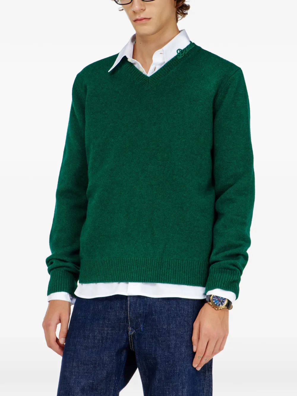 Diesel wool V-neck jumper with neck logo Groen