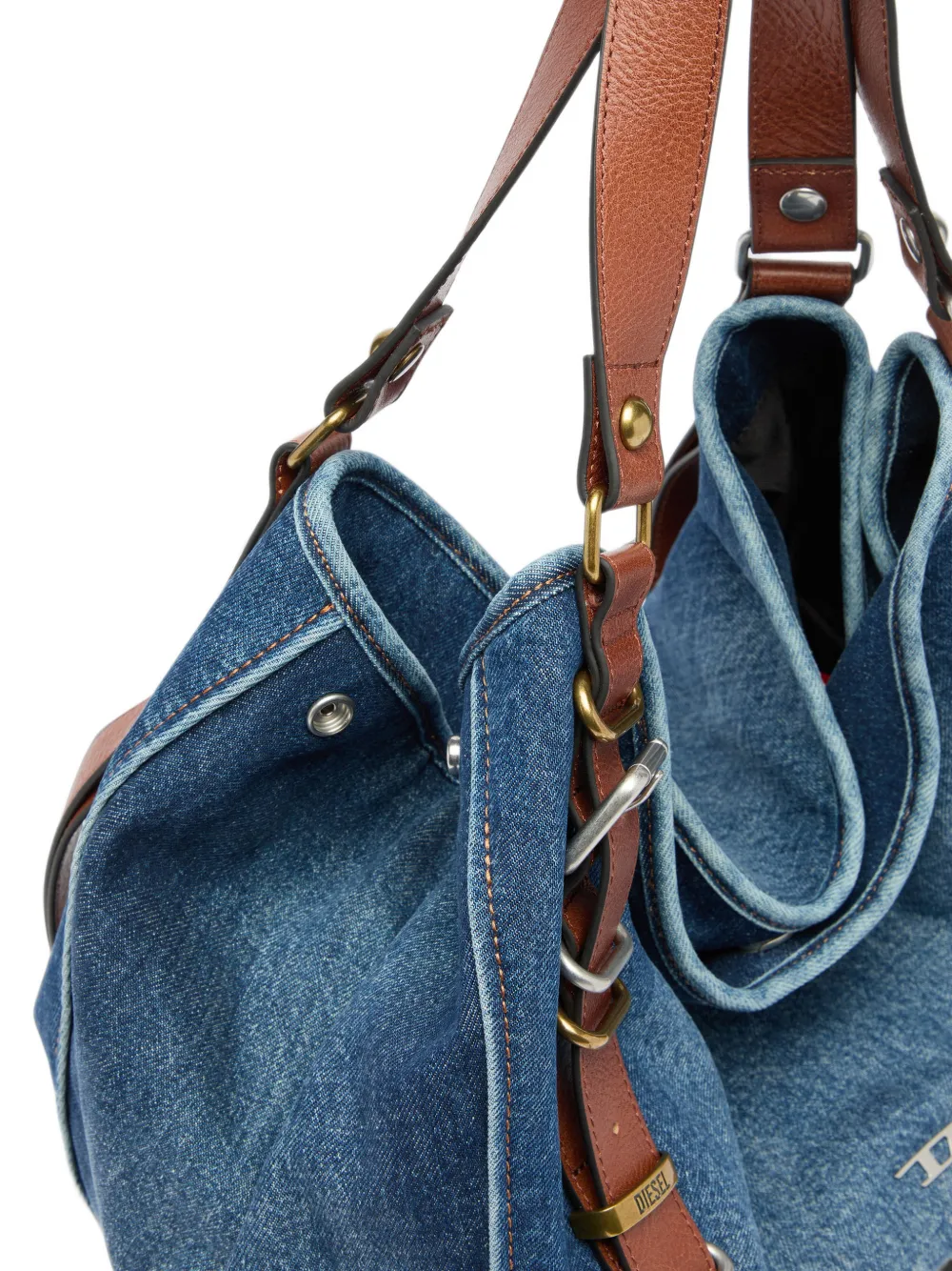 Diesel D-One-medium top-handle bag in denim and leather Blauw