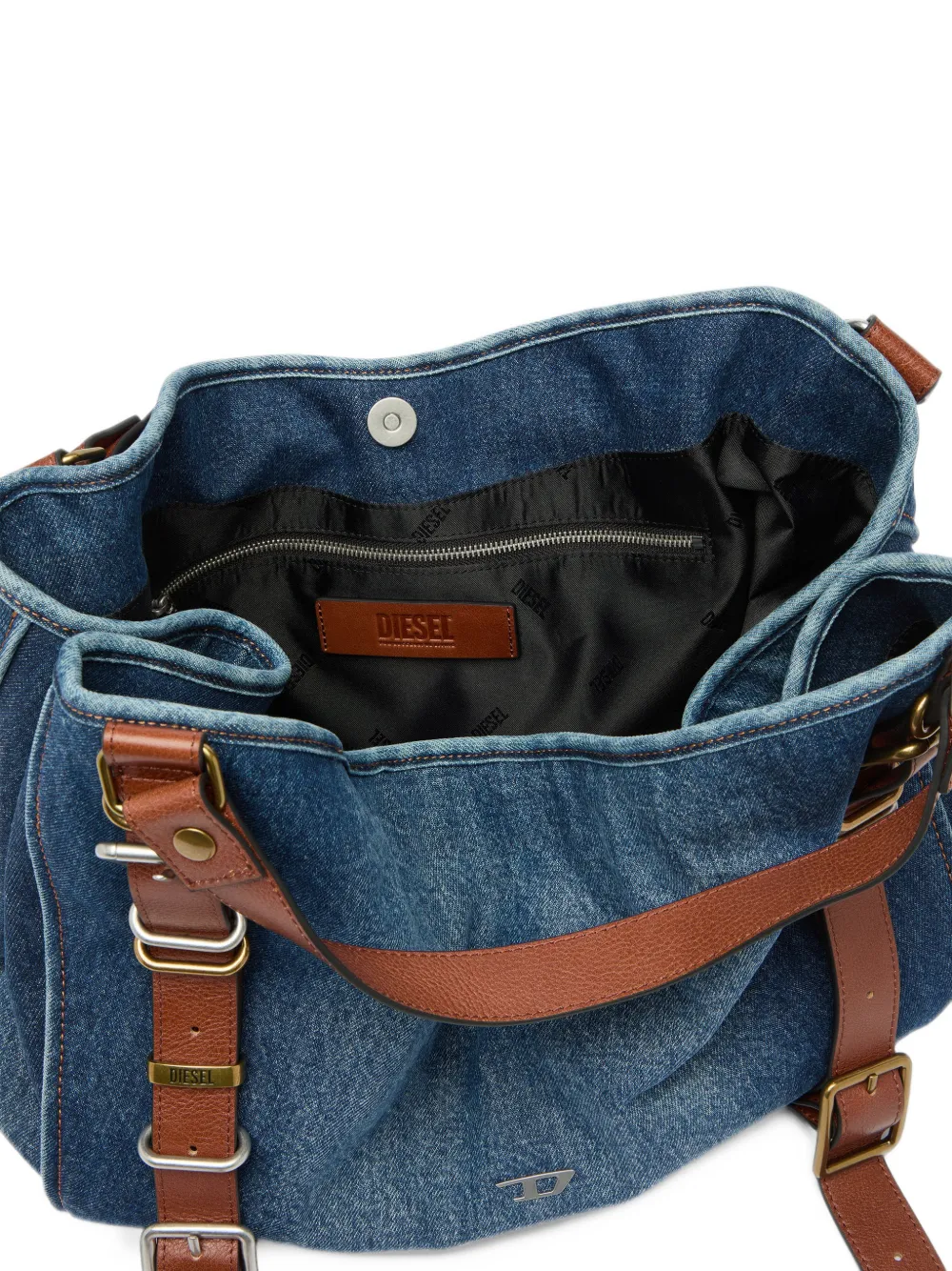 Diesel D-One-medium top-handle bag in denim and leather Blauw