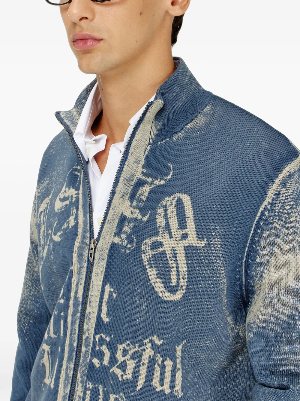 Diesel zip-up cardigan in cotton with reverse print Blauw