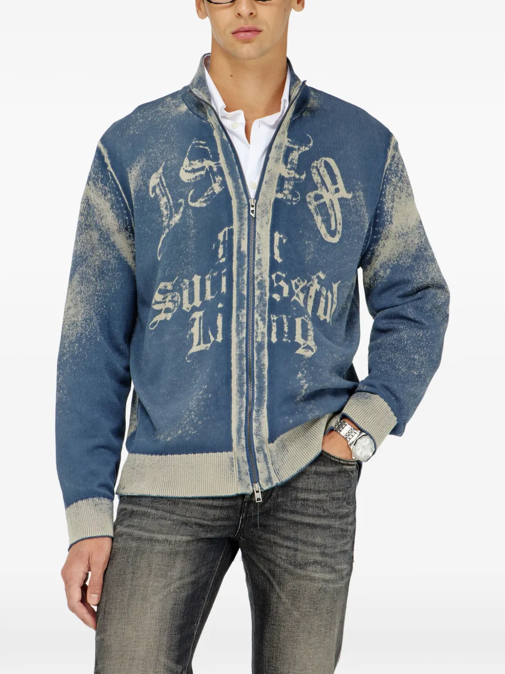 Diesel zip-up cardigan in cotton with reverse print Blauw