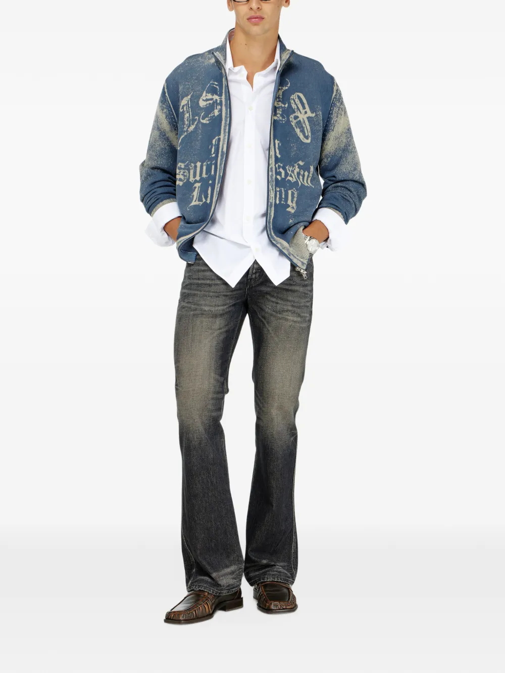 Diesel zip-up cardigan in cotton with reverse print Blauw