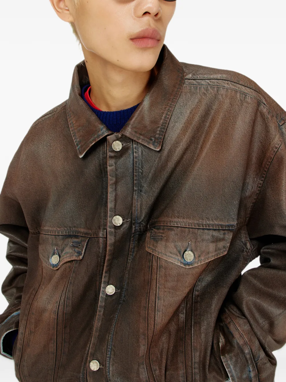 Diesel trucker jacket in coated denim Bruin