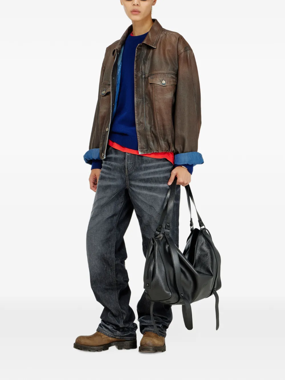 Diesel trucker jacket in coated denim Bruin