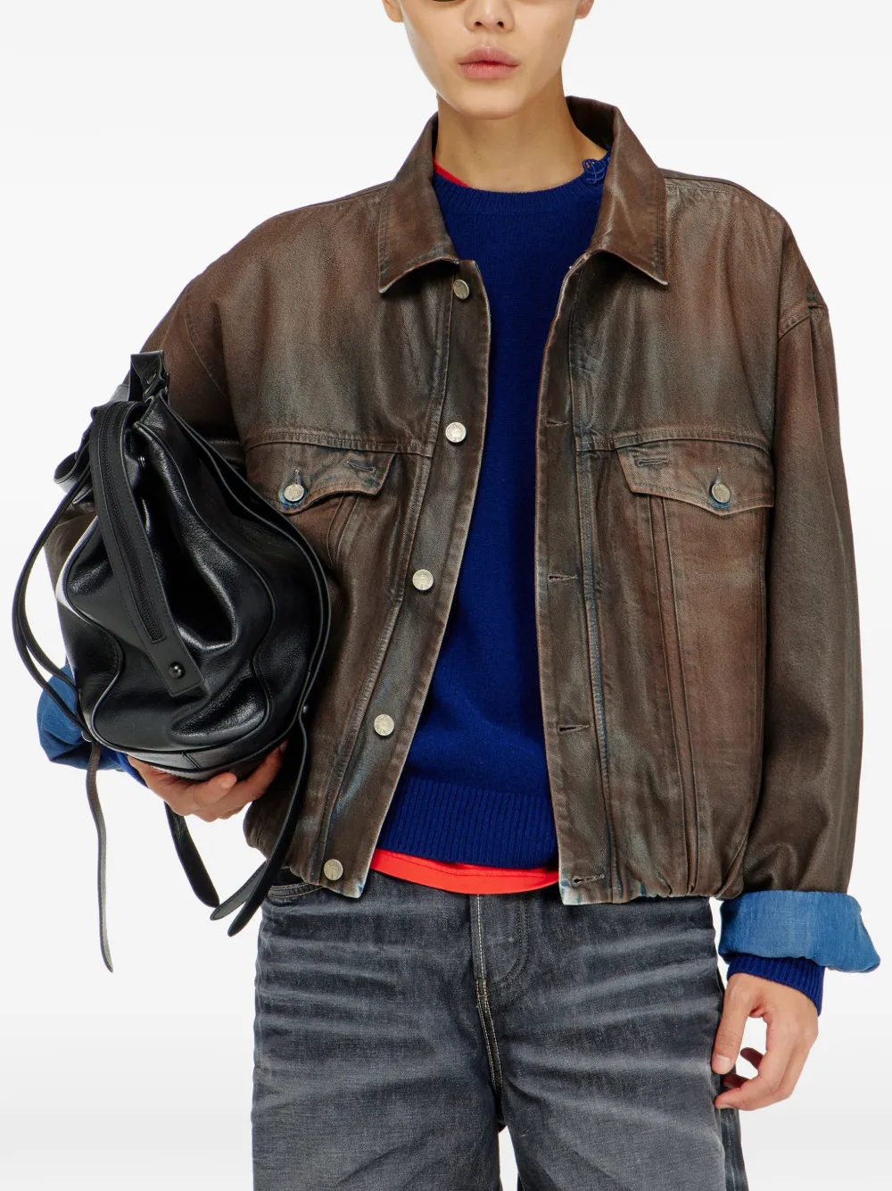 Diesel trucker jacket in coated denim Bruin