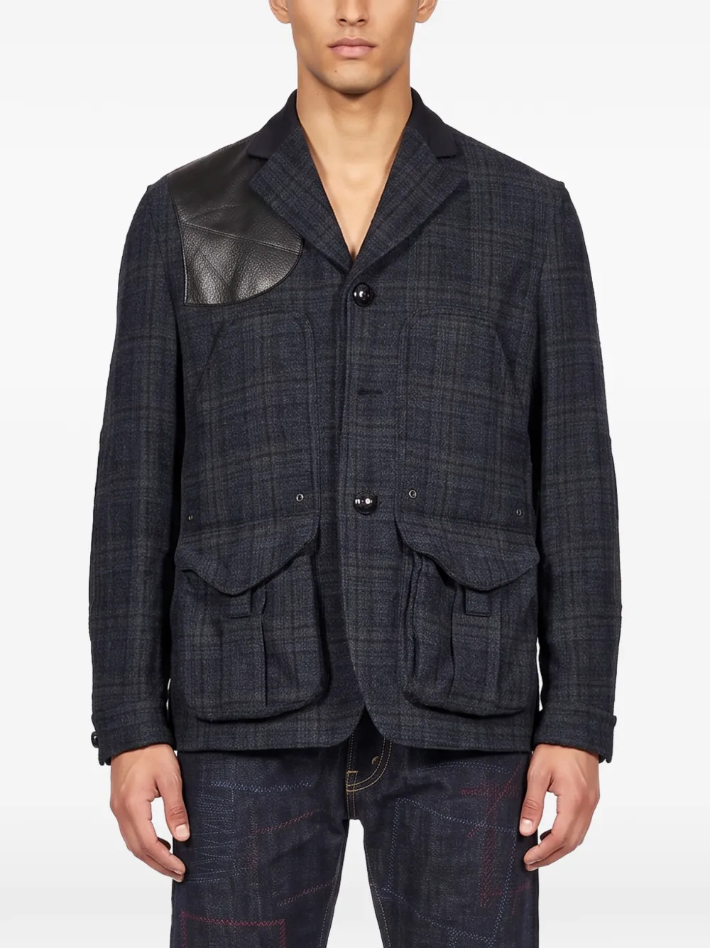 Junya Watanabe MAN check leather-patch blazer Blauw
