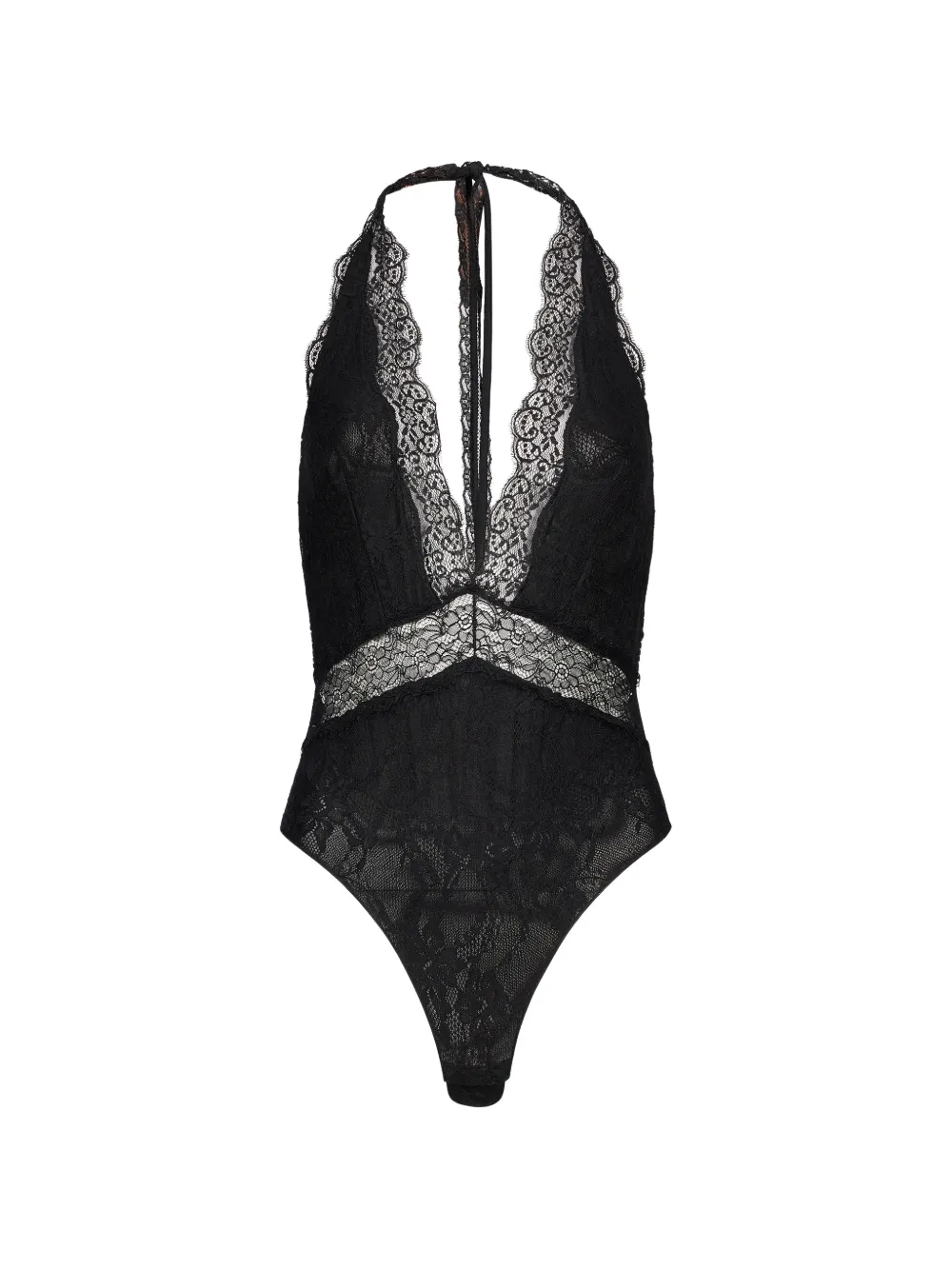 THE ANDAMANE Florida lace-panelled halterneck bodysuit Zwart