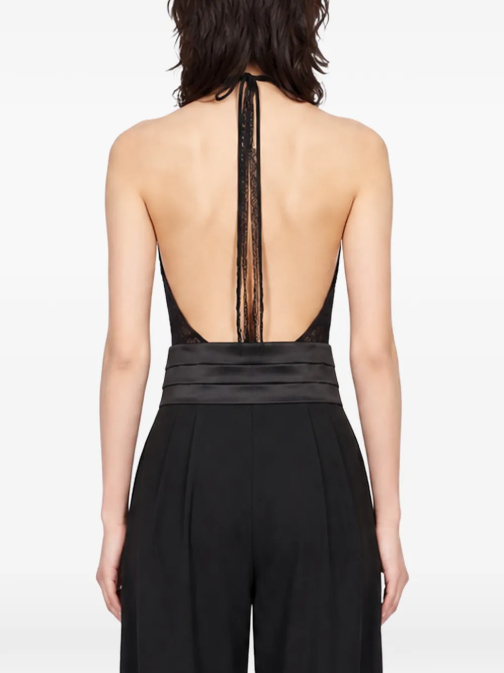 THE ANDAMANE Florida lace-panelled halterneck bodysuit Zwart